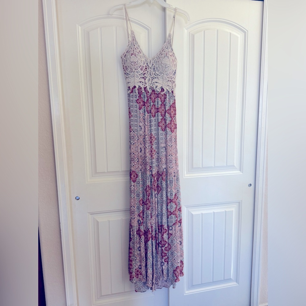 Blue Moon Crochet Top Tie Back Wide Leg Romper M
